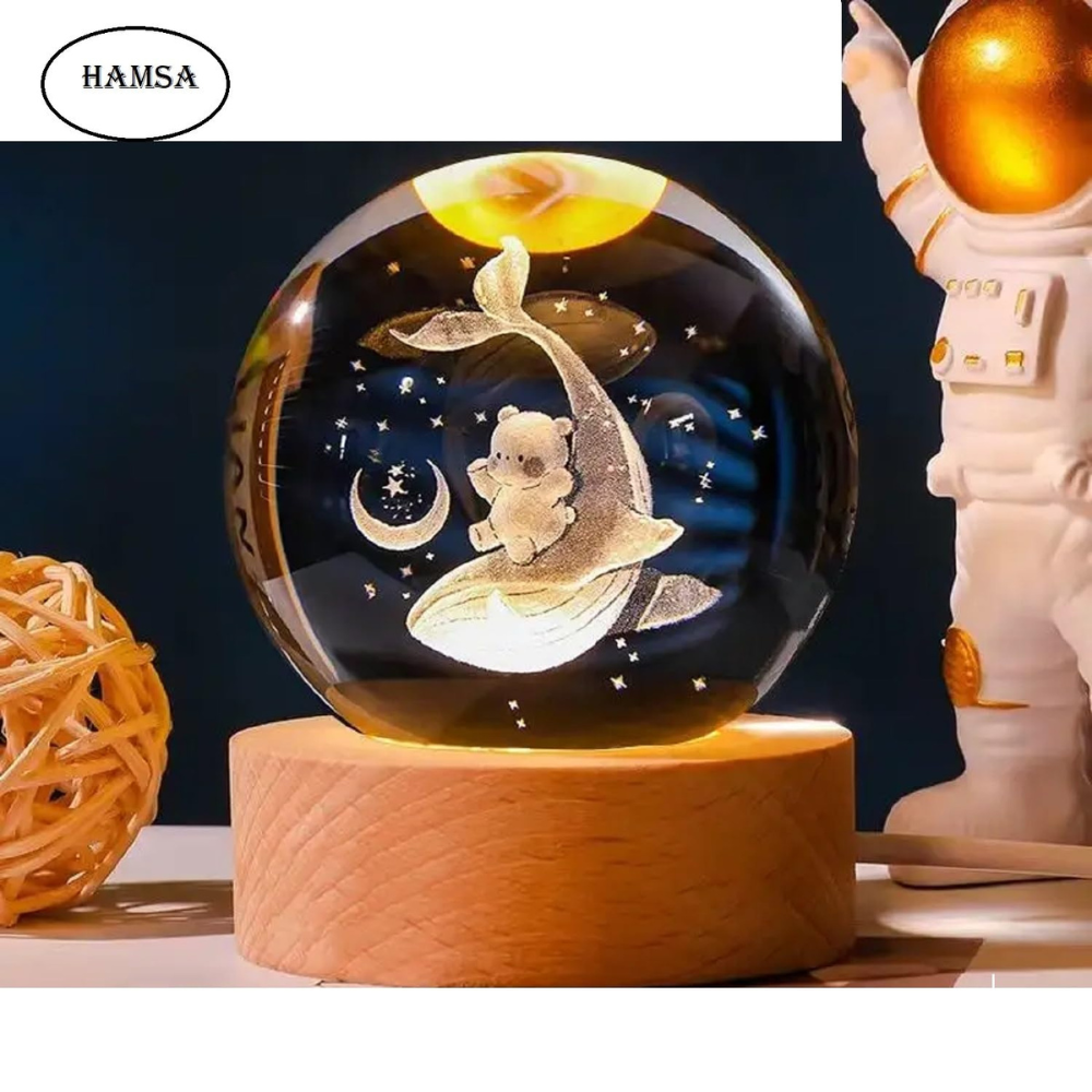 Celestial Whale & Bear 3D Crystal Ball – Warm LED Night Light – Anniversary & Birthday Gift for Kids and Adults (Pack of 1)