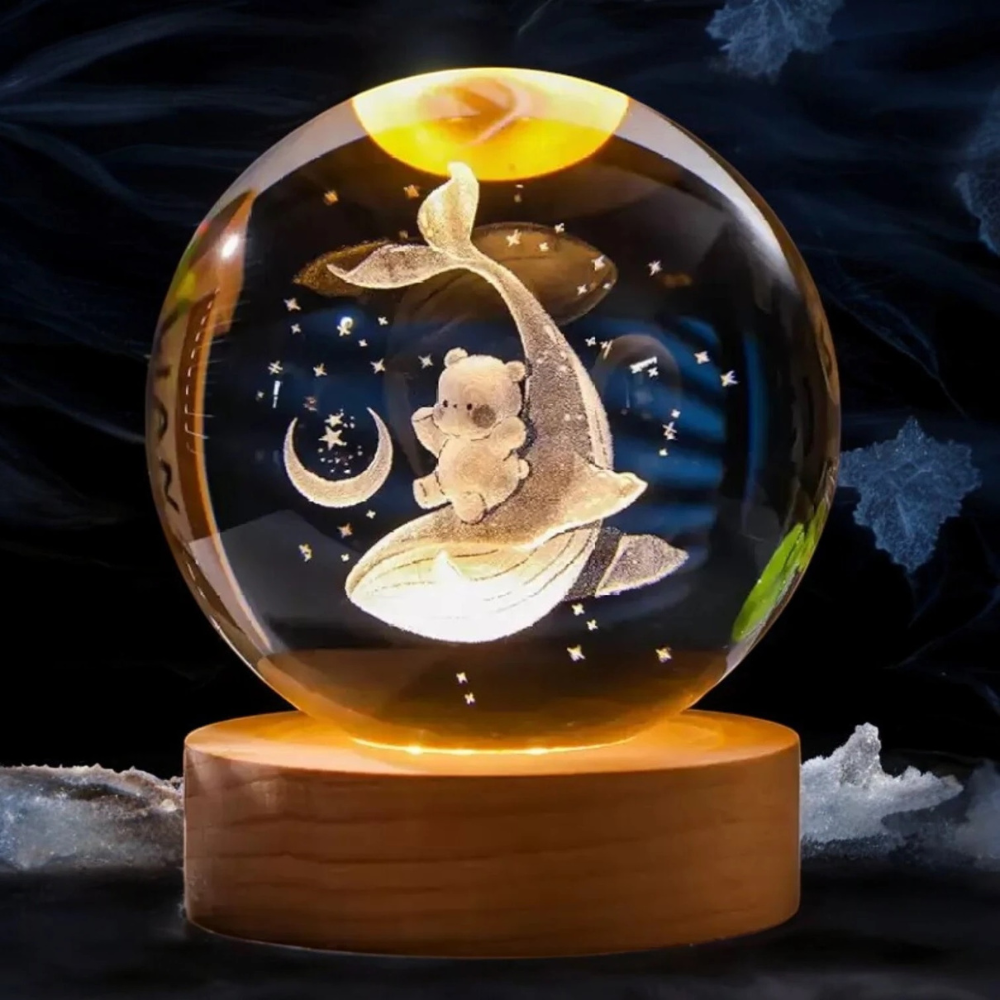 Celestial Whale & Bear 3D Crystal Ball – Warm LED Night Light – Anniversary & Birthday Gift for Kids and Adults (Pack of 1)