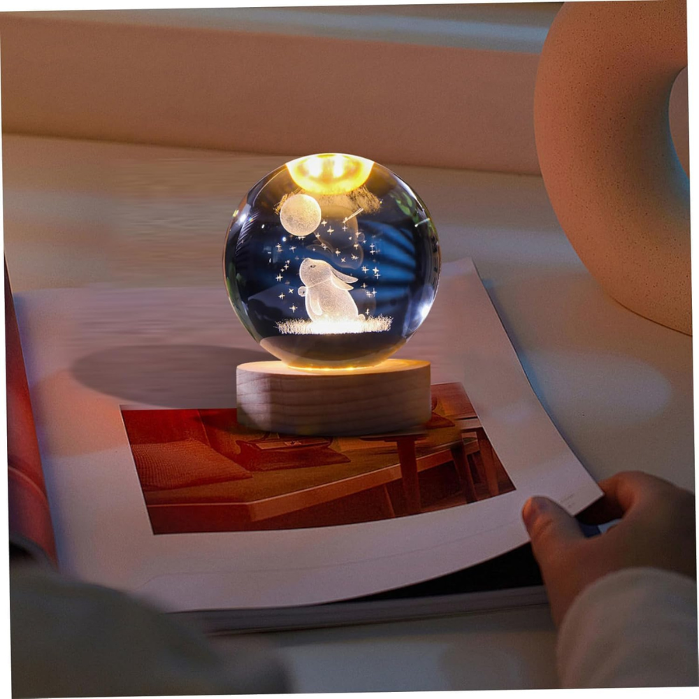 3D Laser Engraved Crystal Ball Night Light – Celestial Rabbit & Moon with LED Wooden Base (Pack of 1)