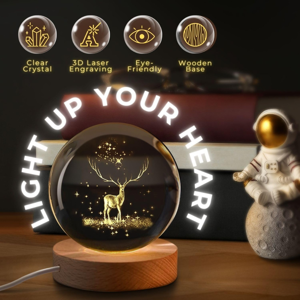 3D Laser Engraved Crystal Ball Night Light with Wooden Base – Glowing Golden Deer & Stars Galaxy Sphere (Pack of 1)