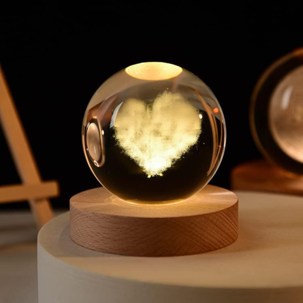 3D Laser Engraved Heart Crystal Ball Night Light with Warm LED Wooden Base (Pack of 1)