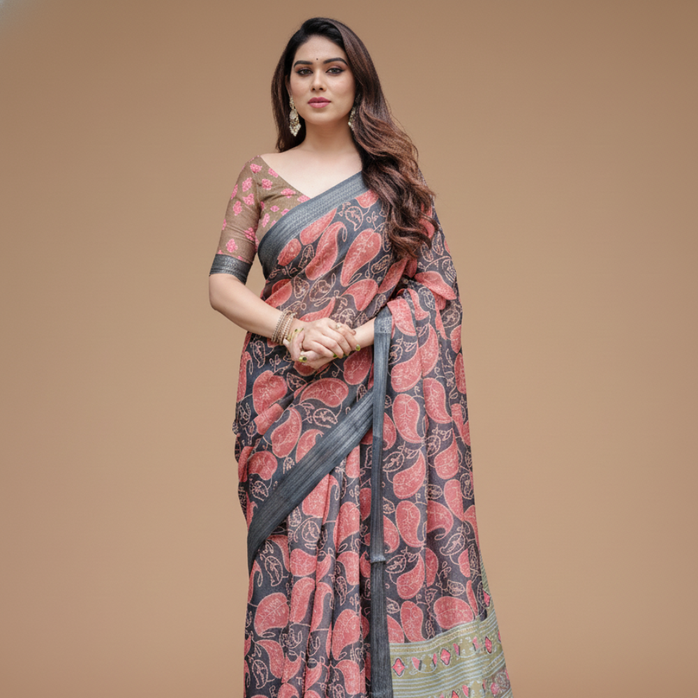 Women’s Handloom Linen Floral Printed Saree with Tassels & Attached BP (Pack of 1)