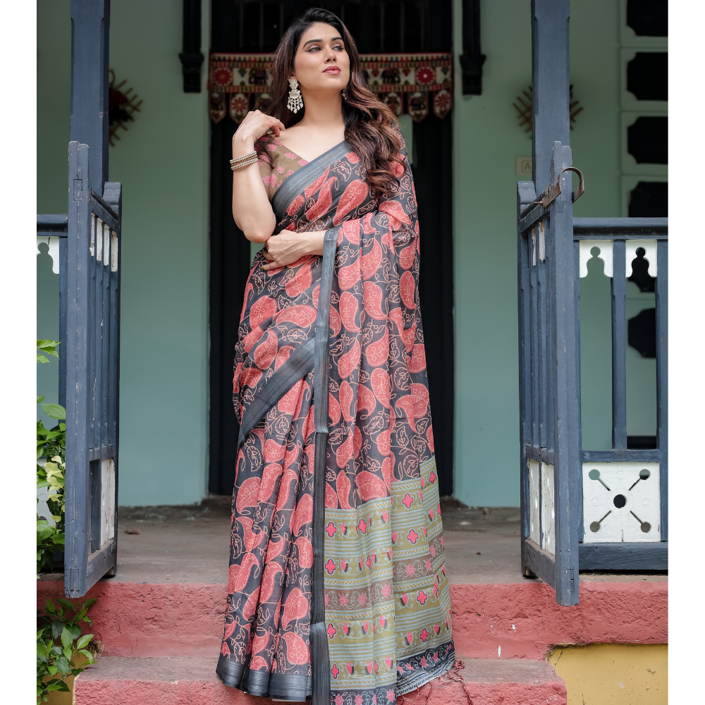 Women’s Handloom Linen Floral Printed Saree with Tassels & Attached BP (Pack of 1)