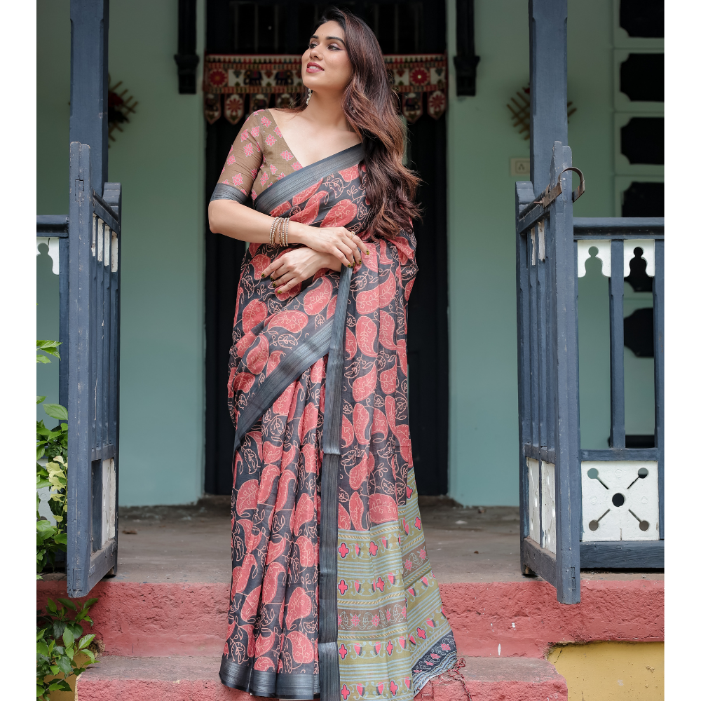 Women’s Handloom Linen Floral Printed Saree with Tassels & Attached BP (Pack of 1)
