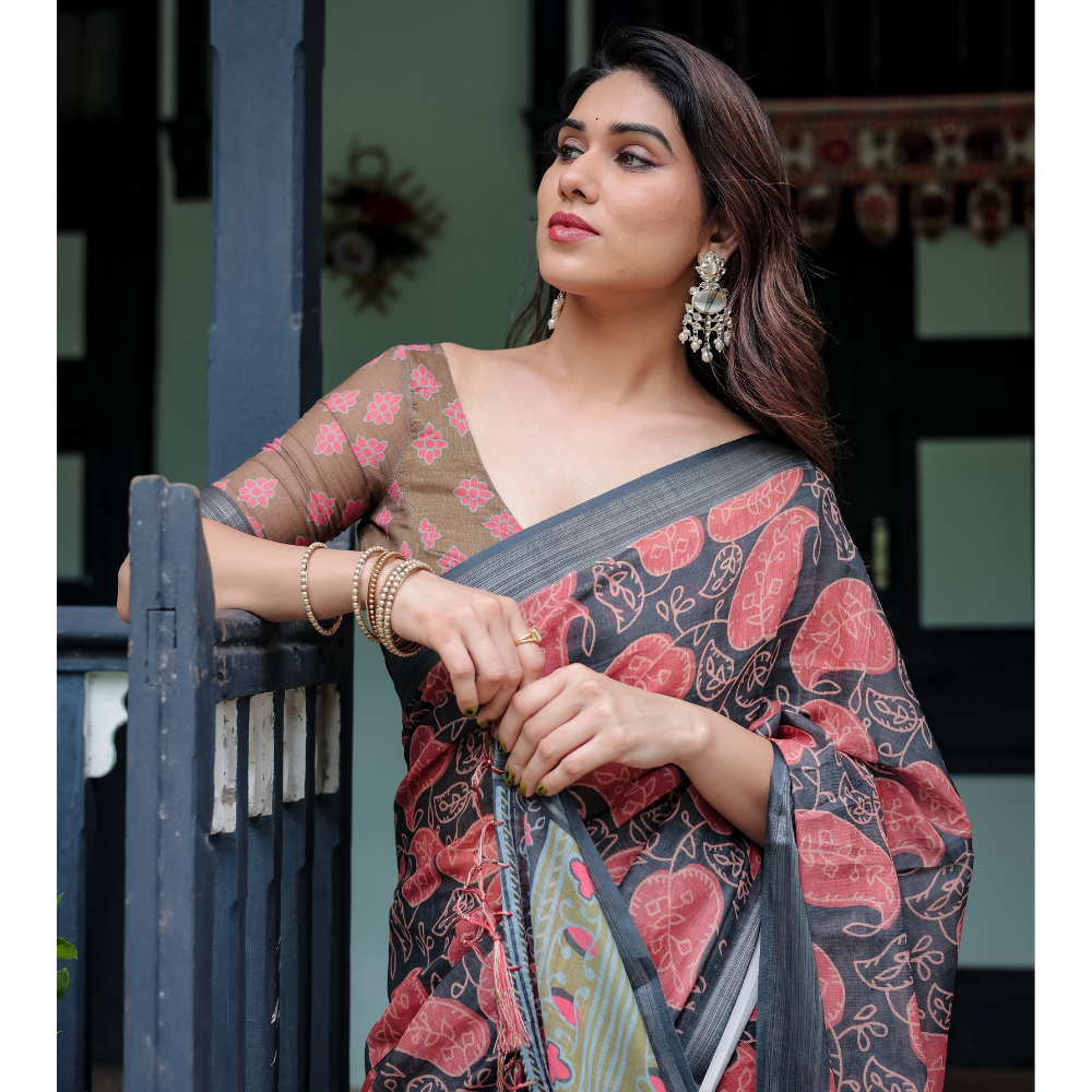 Women’s Handloom Linen Floral Printed Saree with Tassels & Attached BP (Pack of 1)