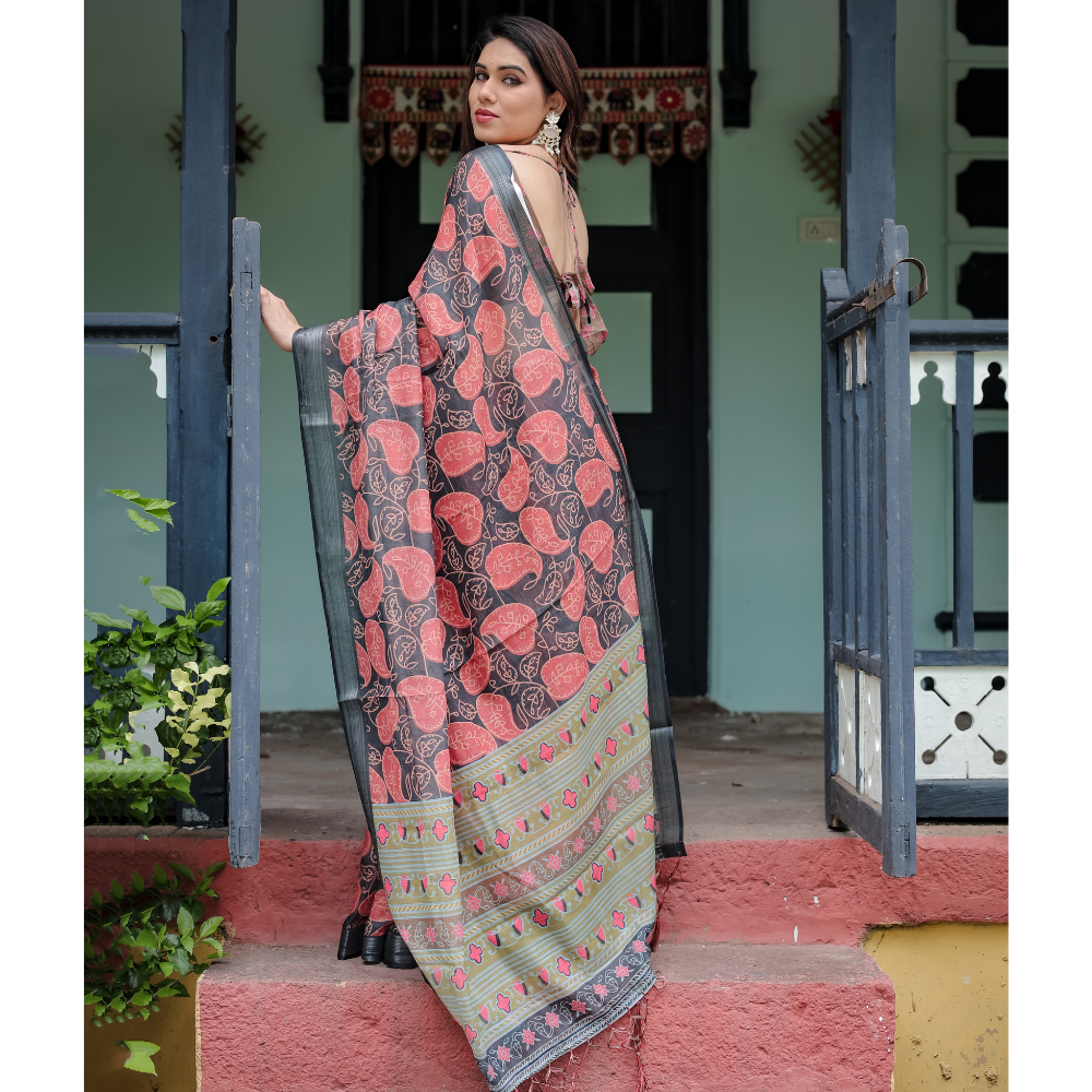 Women’s Handloom Linen Floral Printed Saree with Tassels & Attached BP (Pack of 1)