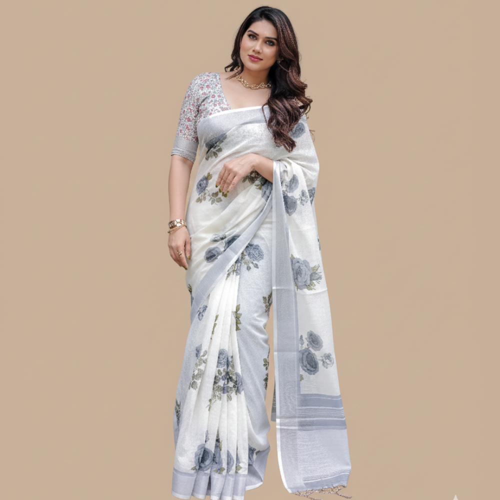Women’s Handloom Linen Floral Printed Saree with Tassels & Attached BP (Pack of 1)