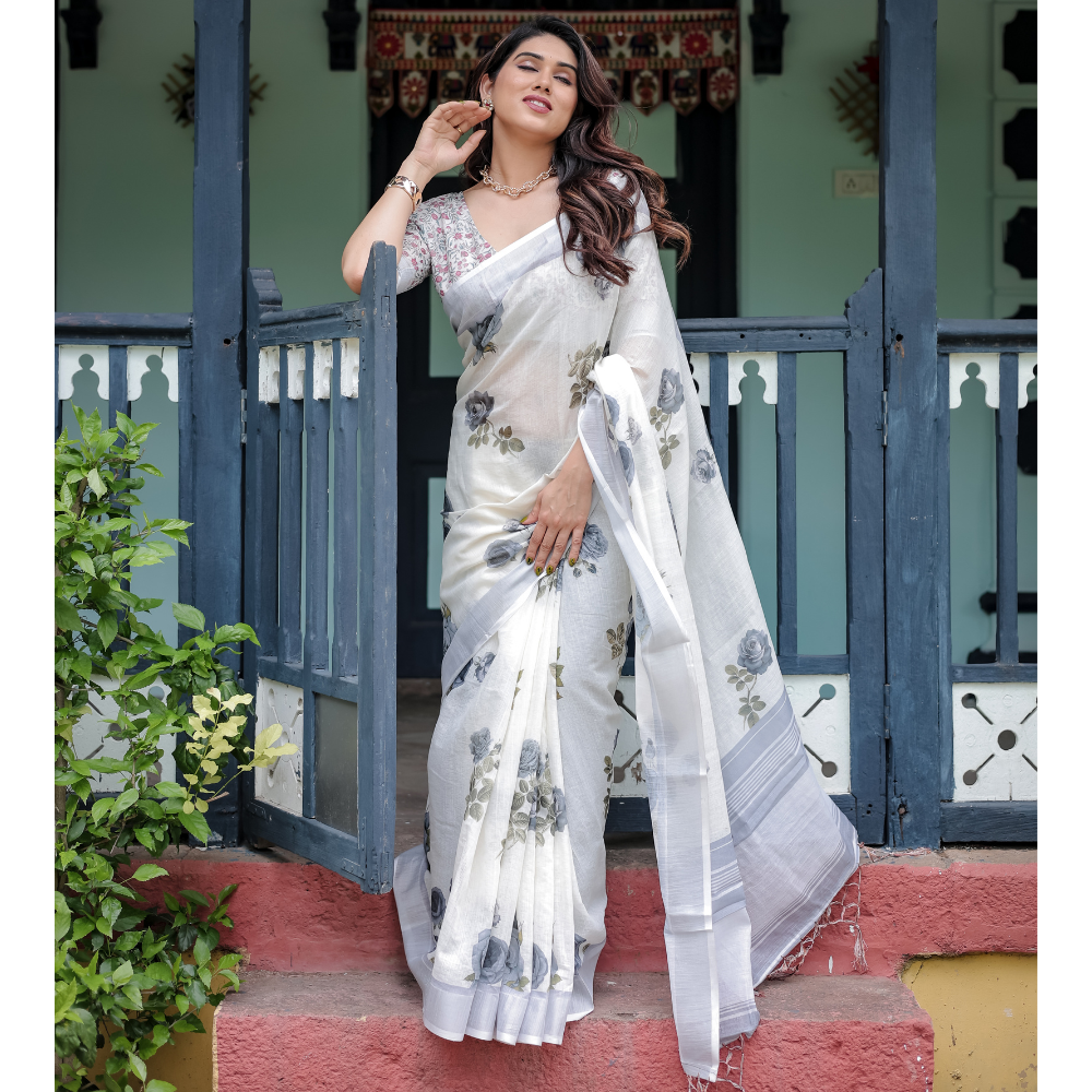 Women’s Handloom Linen Floral Printed Saree with Tassels & Attached BP (Pack of 1)