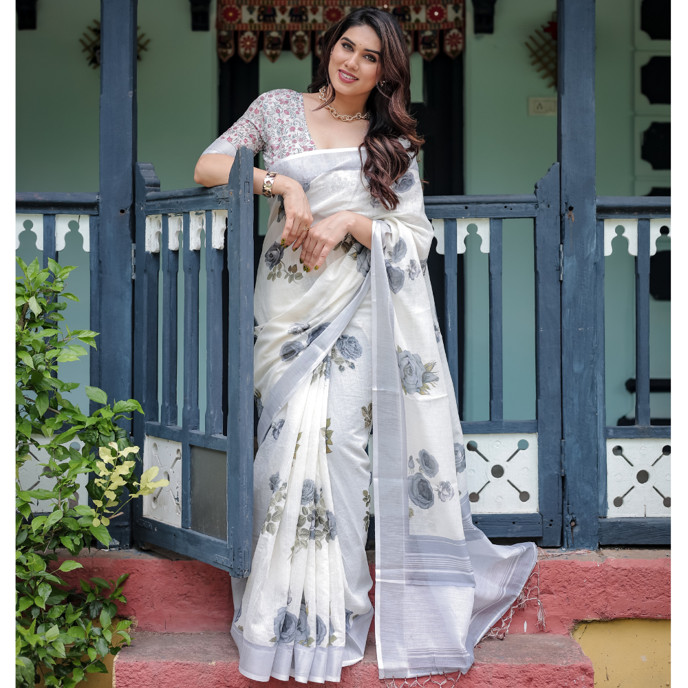 Women’s Handloom Linen Floral Printed Saree with Tassels & Attached BP (Pack of 1)