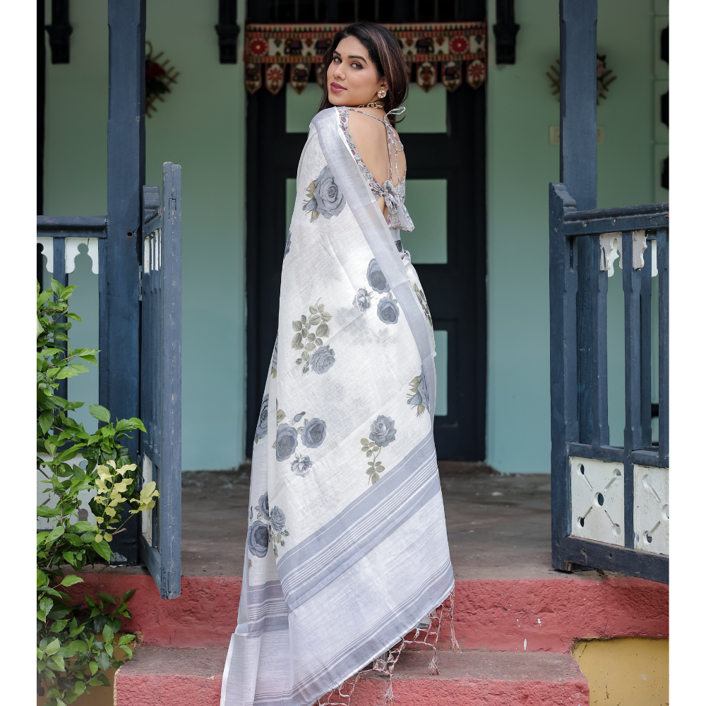 Women’s Handloom Linen Floral Printed Saree with Tassels & Attached BP (Pack of 1)
