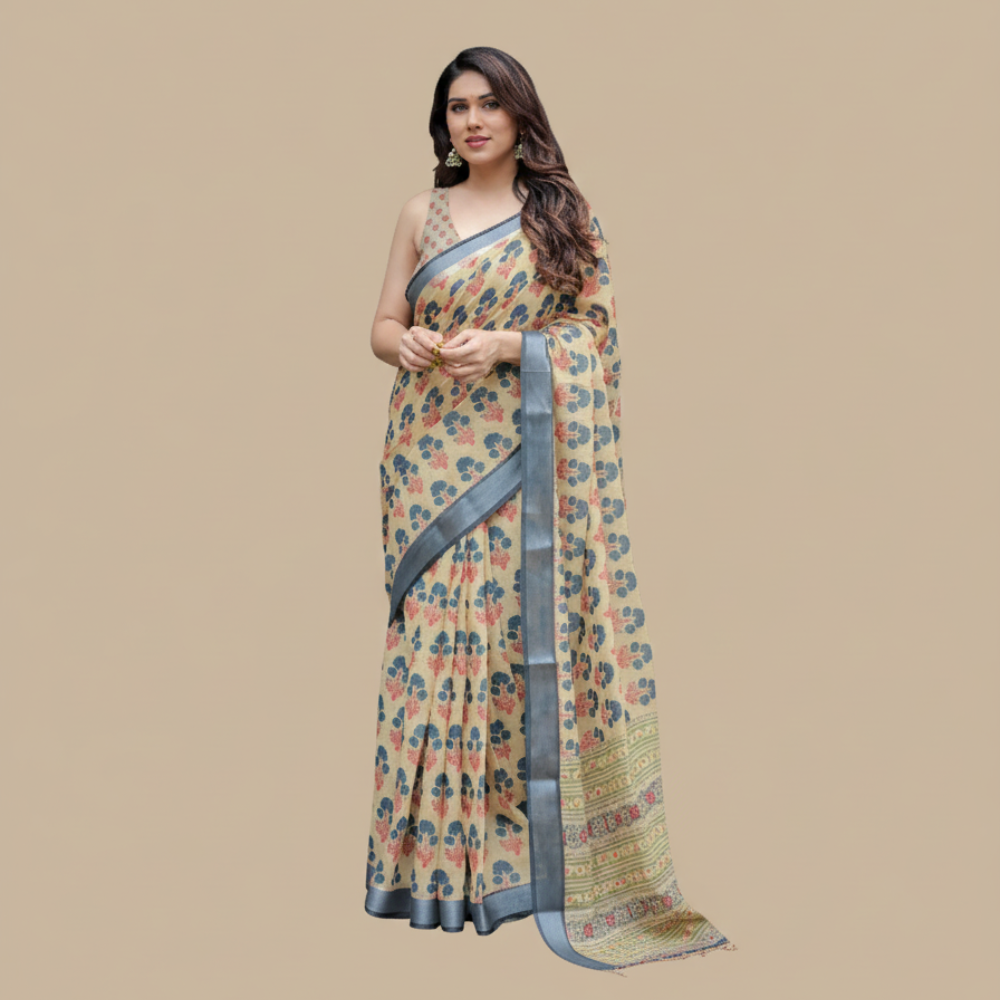 Women’s Handloom Linen Floral Printed Saree with Tassels & Attached BP (Pack of 1)