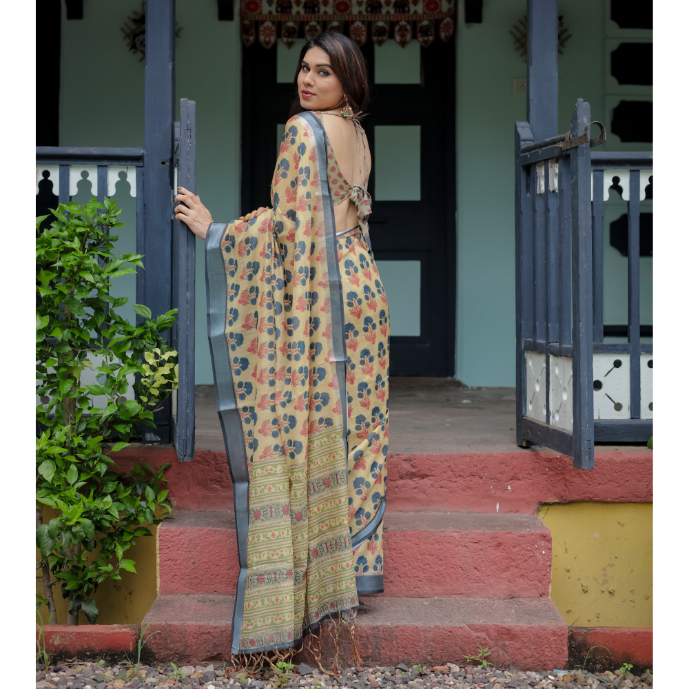 Women’s Handloom Linen Floral Printed Saree with Tassels & Attached BP (Pack of 1)