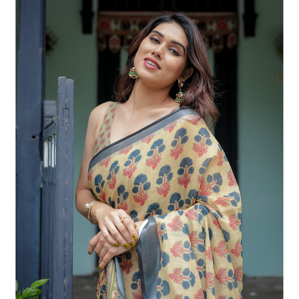 Women’s Handloom Linen Floral Printed Saree with Tassels & Attached BP (Pack of 1)