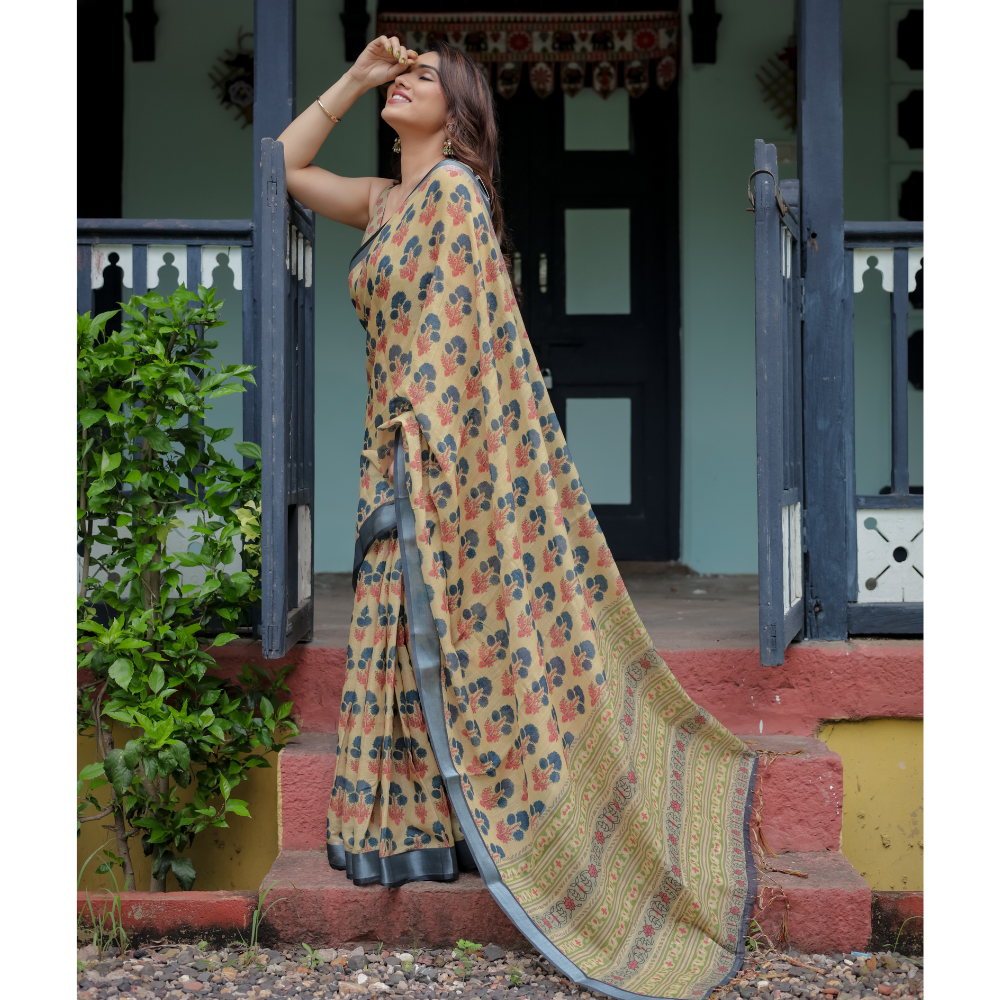 Women’s Handloom Linen Floral Printed Saree with Tassels & Attached BP (Pack of 1)