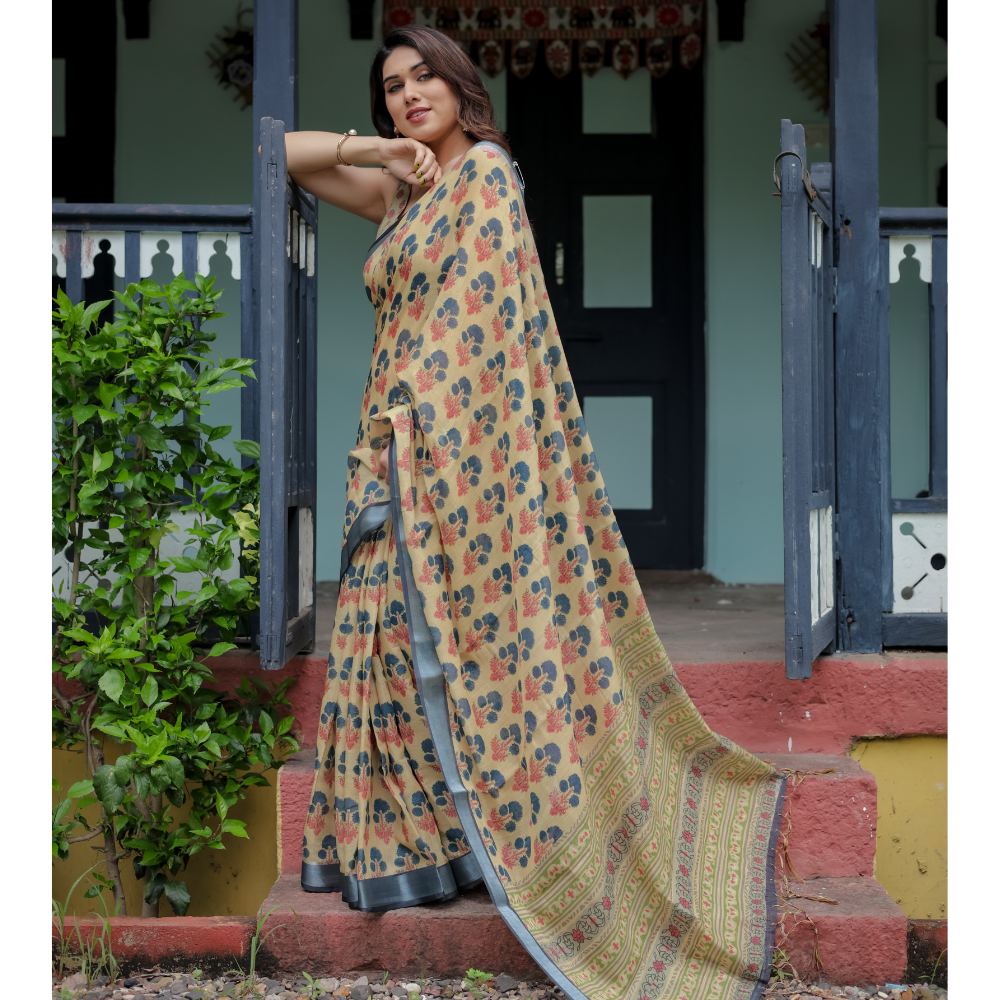 Women’s Handloom Linen Floral Printed Saree with Tassels & Attached BP (Pack of 1)