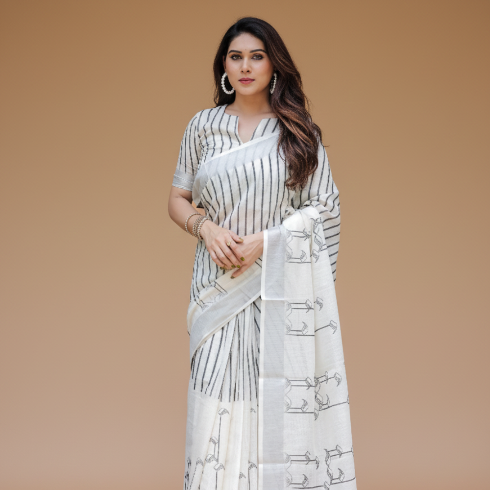 Women’s Handloom Linen Floral Printed Saree with Tassels & Attached BP (Pack of 1)