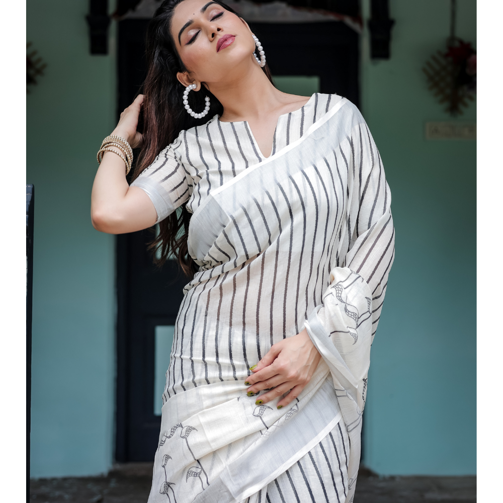 Women’s Handloom Linen Floral Printed Saree with Tassels & Attached BP (Pack of 1)