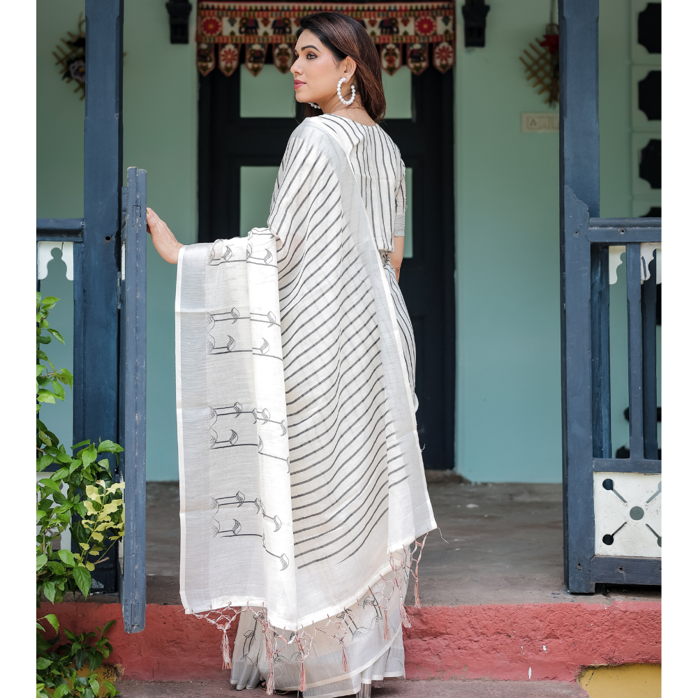 Women’s Handloom Linen Floral Printed Saree with Tassels & Attached BP (Pack of 1)