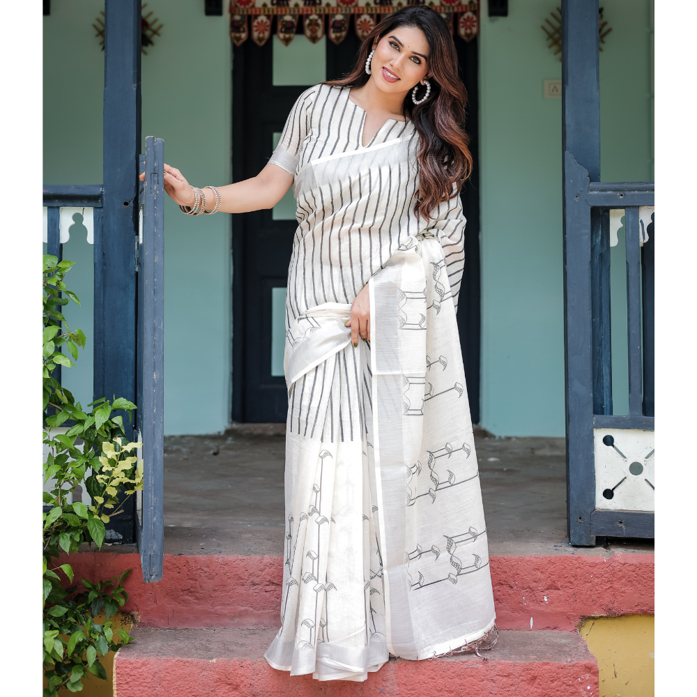 Women’s Handloom Linen Floral Printed Saree with Tassels & Attached BP (Pack of 1)