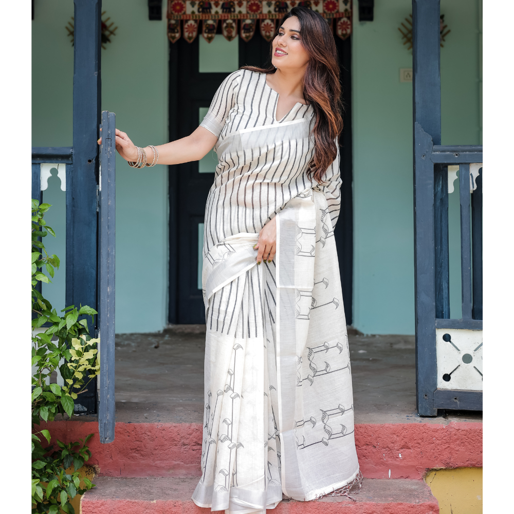 Women’s Handloom Linen Floral Printed Saree with Tassels & Attached BP (Pack of 1)