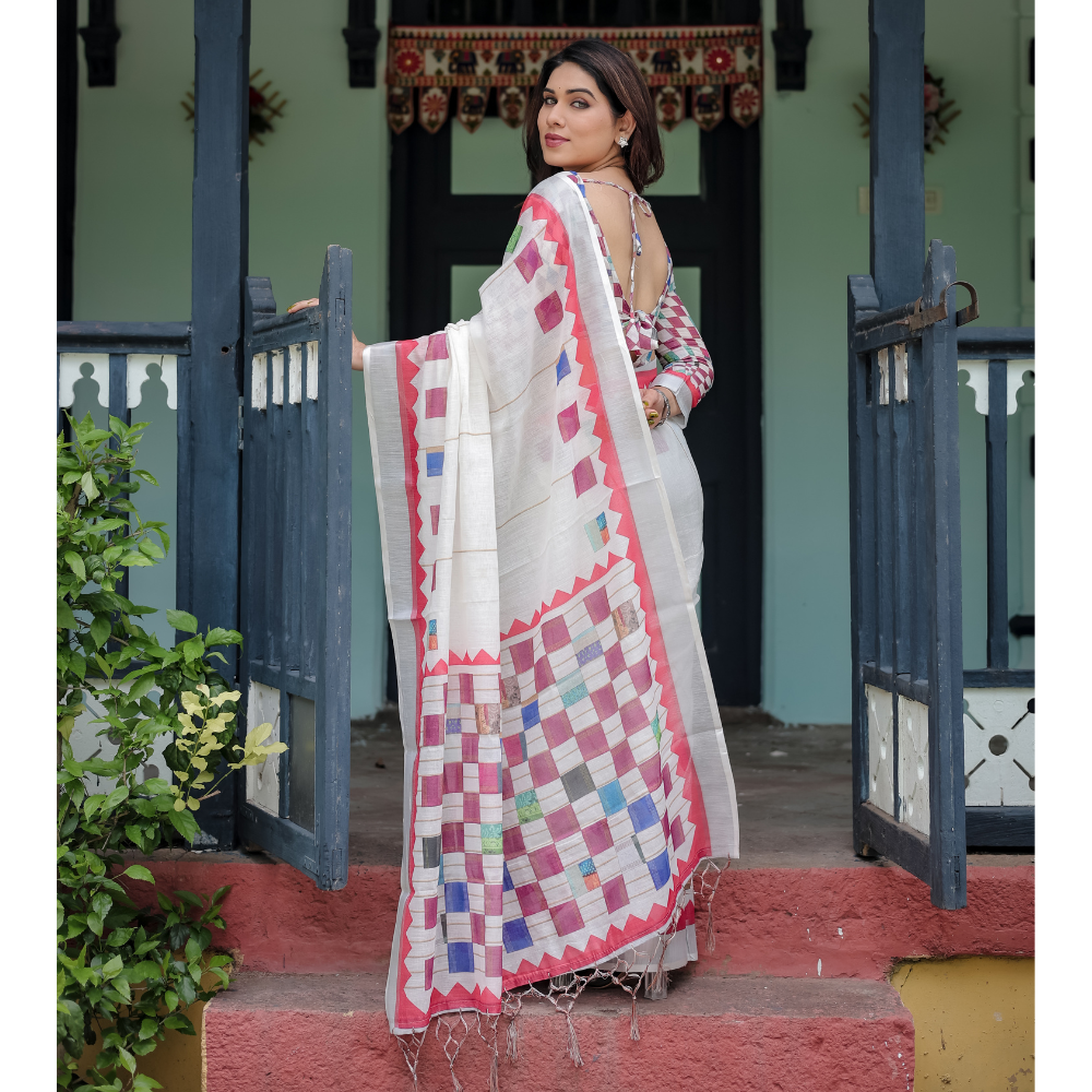 Women’s Handloom Linen Floral Printed Saree with Tassels & Attached BP (Pack of 1)