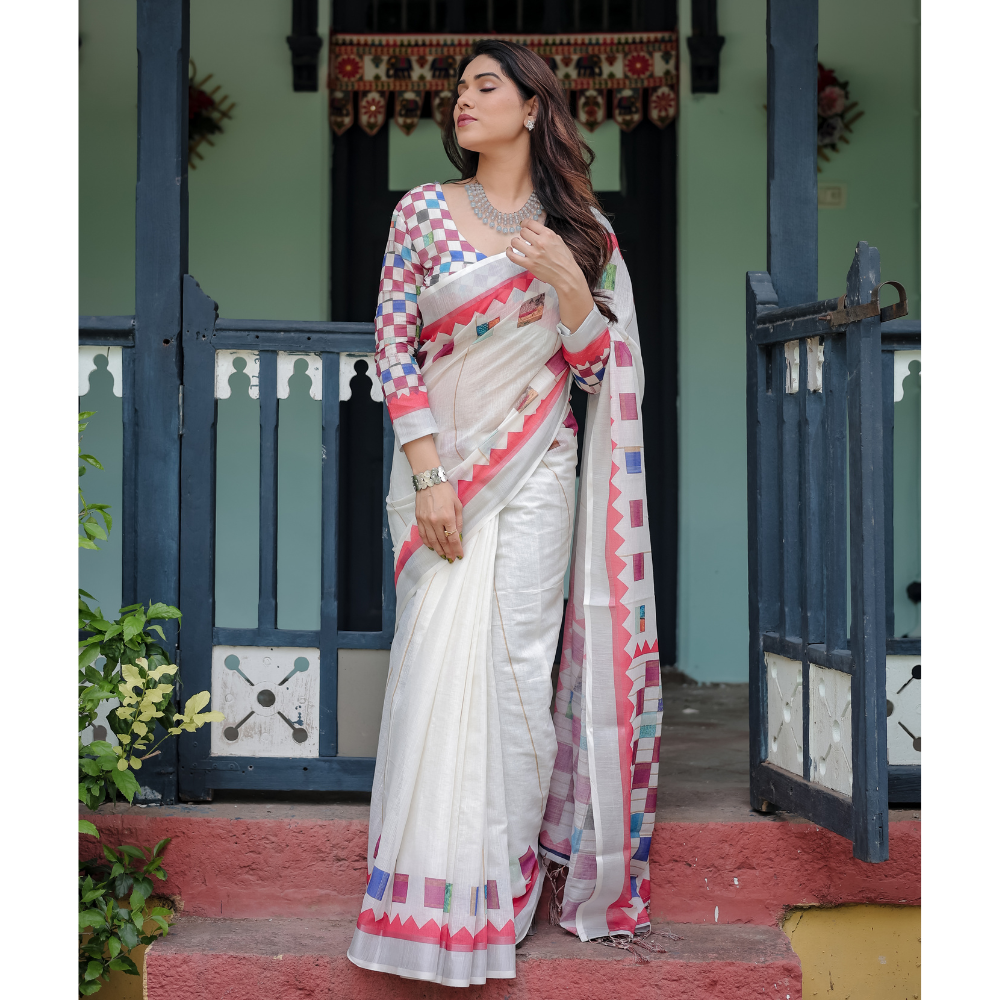 Women’s Handloom Linen Floral Printed Saree with Tassels & Attached BP (Pack of 1)