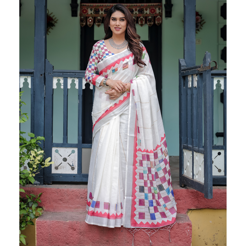 Women’s Handloom Linen Floral Printed Saree with Tassels & Attached BP (Pack of 1)