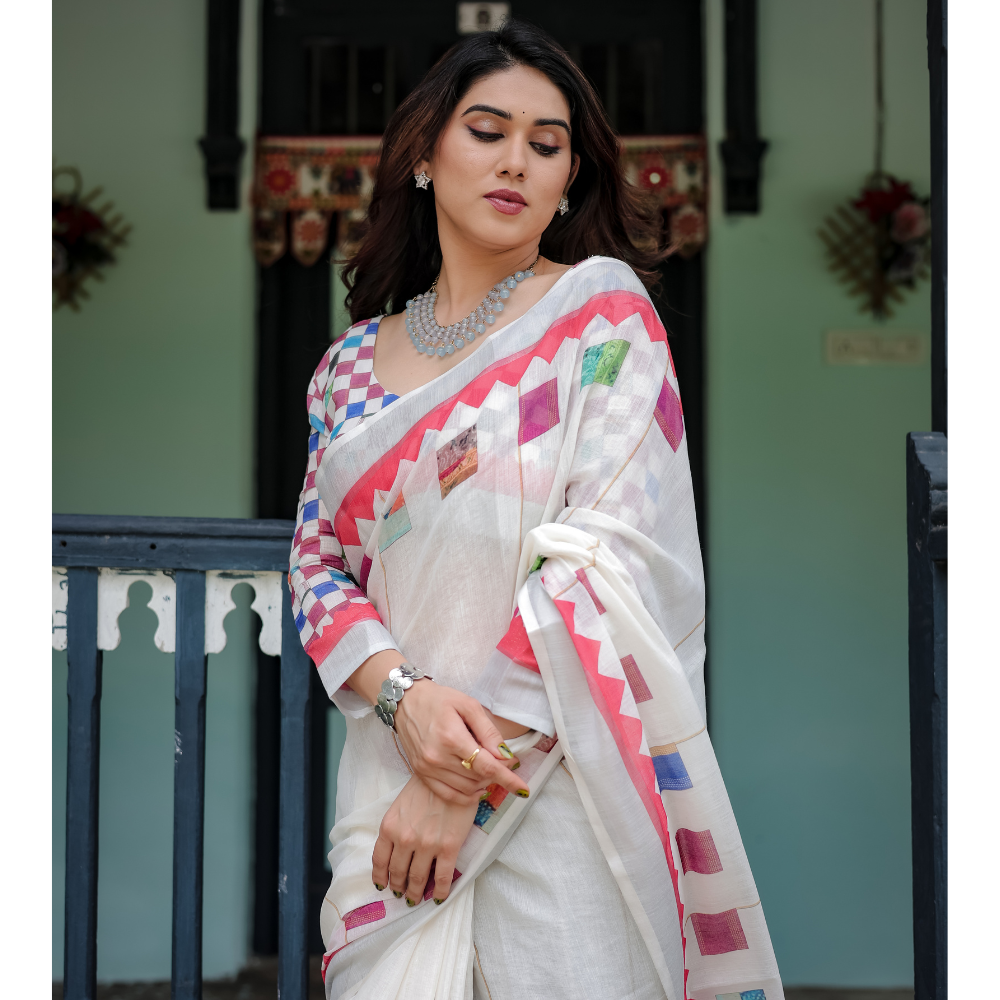 Women’s Handloom Linen Floral Printed Saree with Tassels & Attached BP (Pack of 1)