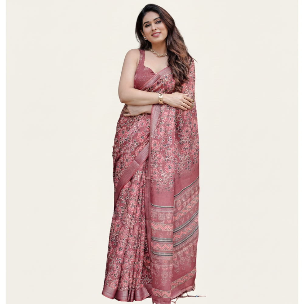 Women’s Handloom Linen Floral Printed Saree with Tassels & Attached BP (Pack of 1)