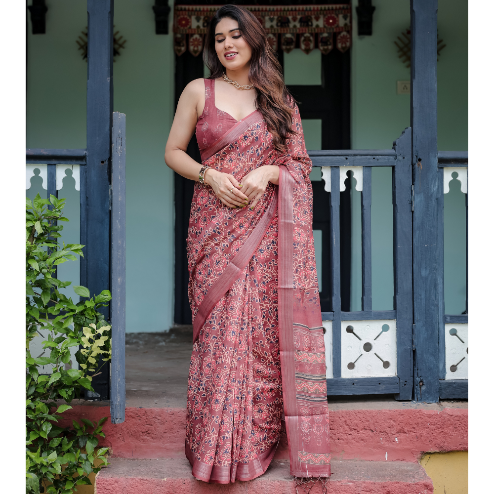 Women’s Handloom Linen Floral Printed Saree with Tassels & Attached BP (Pack of 1)