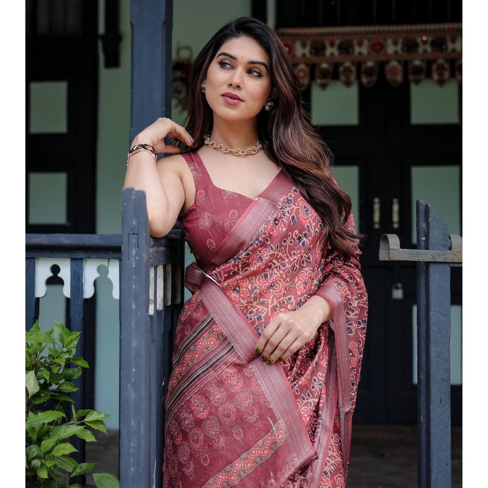 Women’s Handloom Linen Floral Printed Saree with Tassels & Attached BP (Pack of 1)