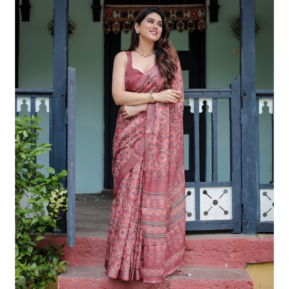 Women’s Handloom Linen Floral Printed Saree with Tassels & Attached BP (Pack of 1)