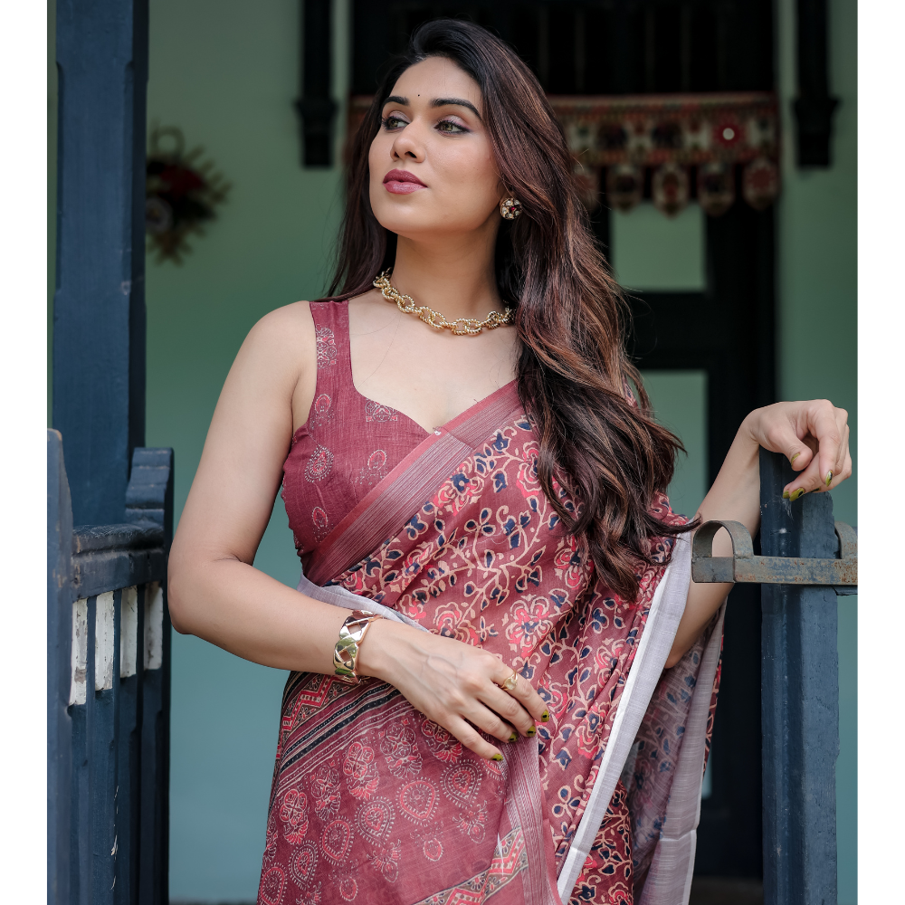 Women’s Handloom Linen Floral Printed Saree with Tassels & Attached BP (Pack of 1)