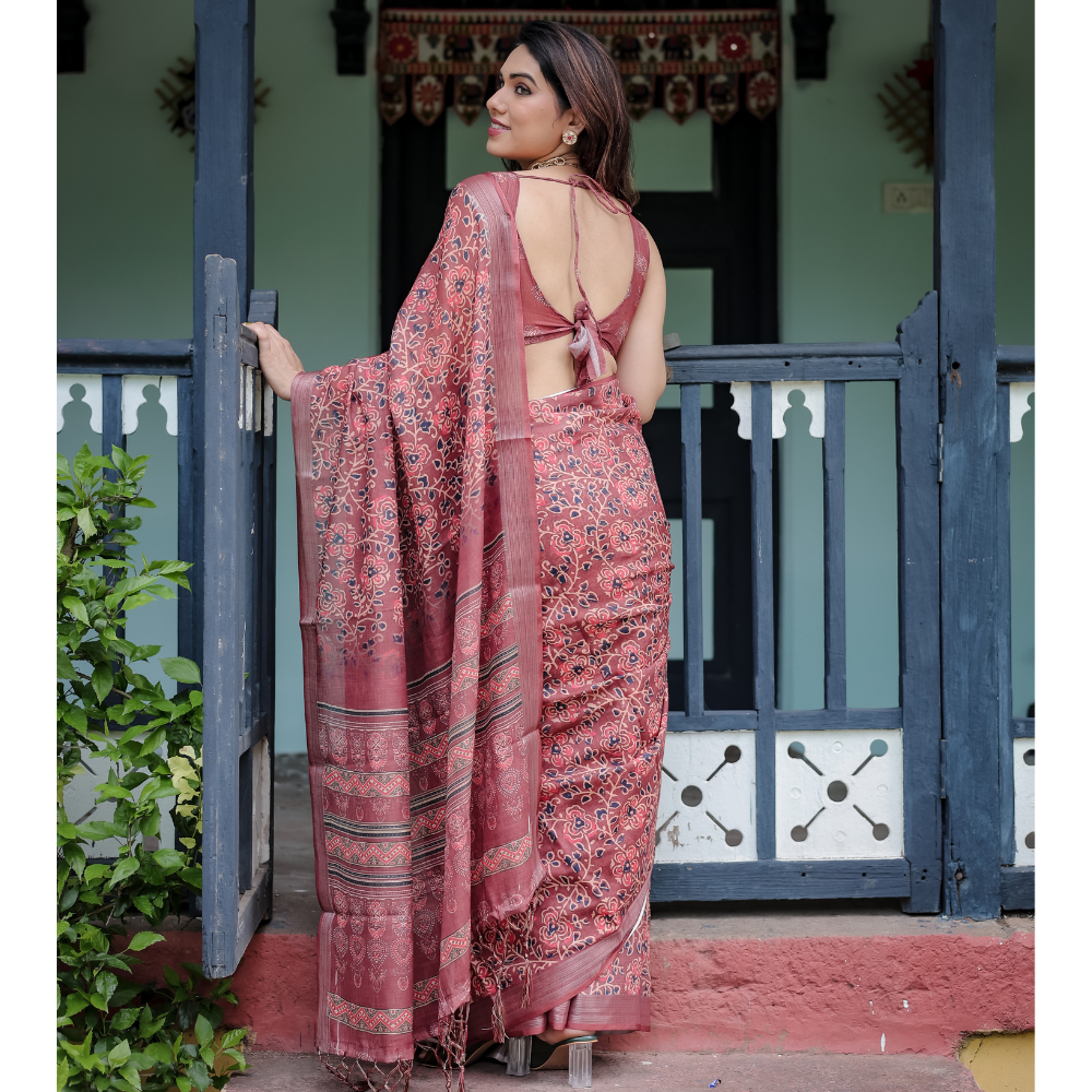 Women’s Handloom Linen Floral Printed Saree with Tassels & Attached BP (Pack of 1)