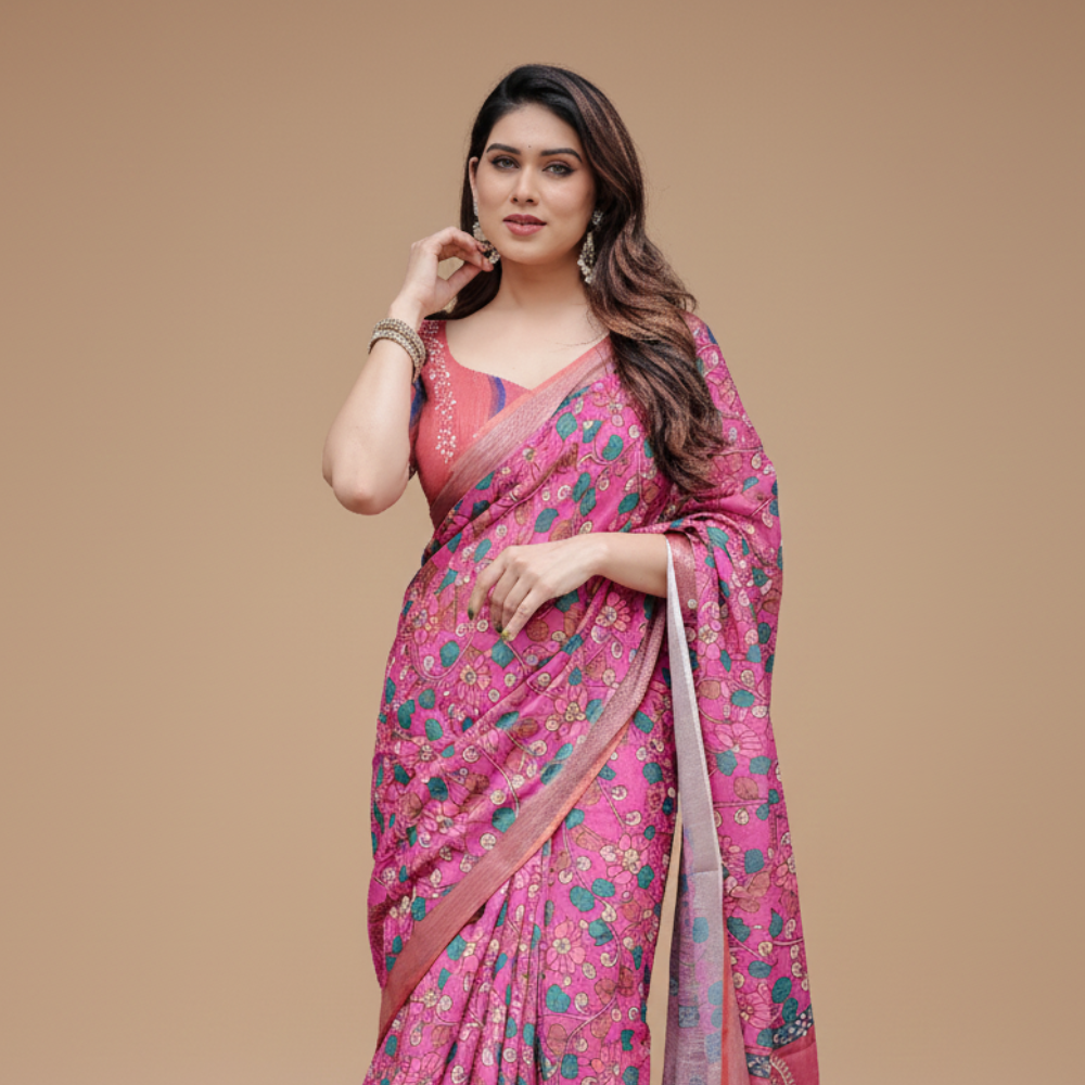 Women’s Handloom Linen Floral Printed Saree with Tassels & Attached BP (Pack of 1)