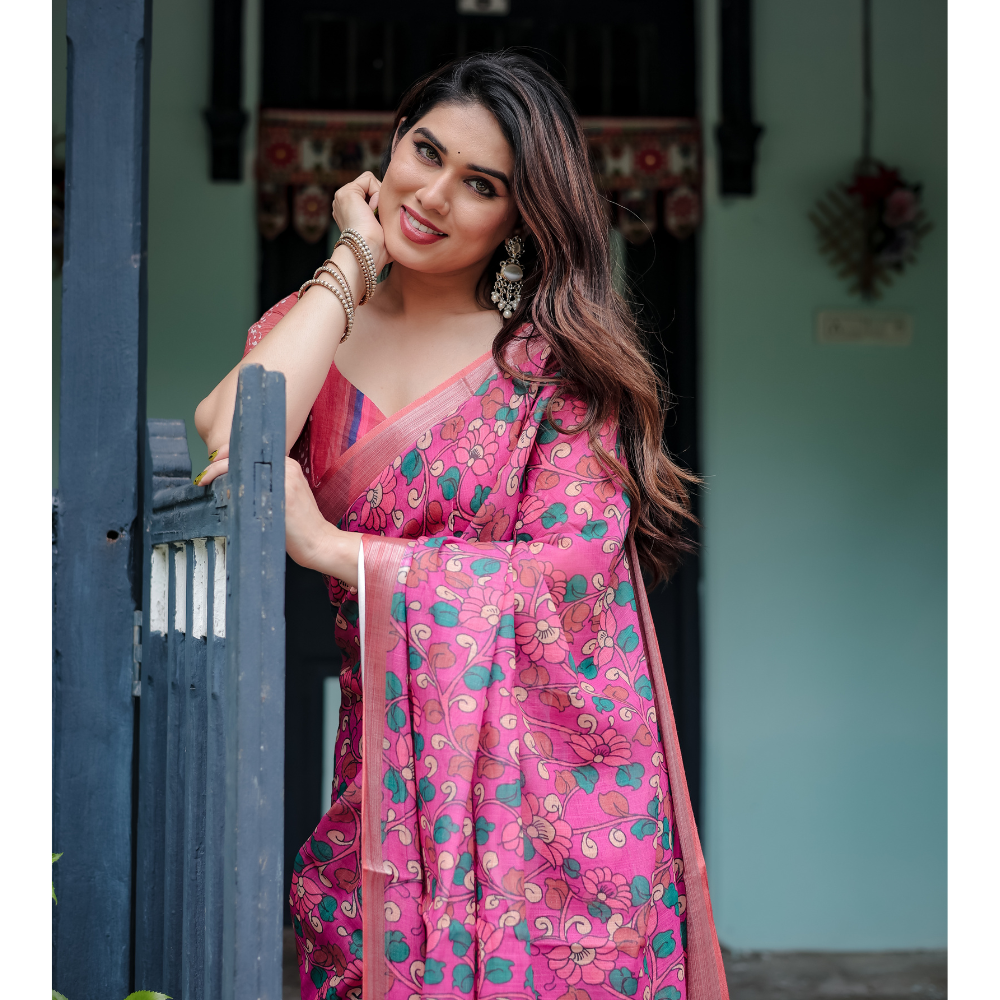 Women’s Handloom Linen Floral Printed Saree with Tassels & Attached BP (Pack of 1)