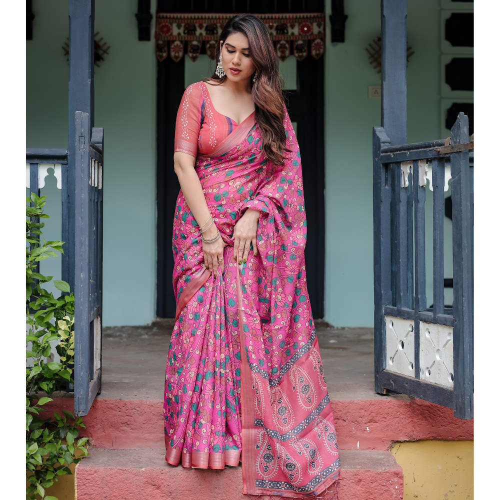 Women’s Handloom Linen Floral Printed Saree with Tassels & Attached BP (Pack of 1)