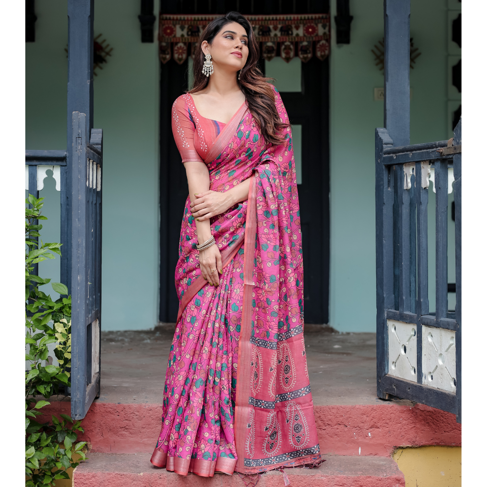 Women’s Handloom Linen Floral Printed Saree with Tassels & Attached BP (Pack of 1)