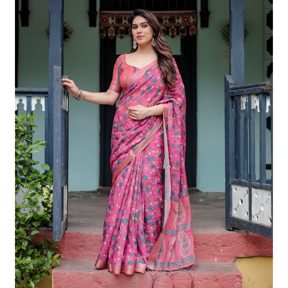 Women’s Handloom Linen Floral Printed Saree with Tassels & Attached BP (Pack of 1)