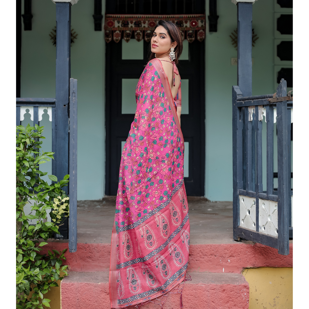 Women’s Handloom Linen Floral Printed Saree with Tassels & Attached BP (Pack of 1)