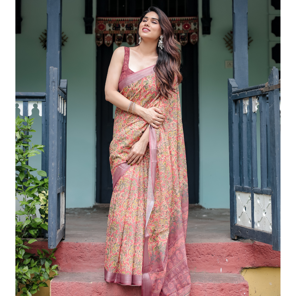 Women’s Handloom Linen Floral Printed Saree with Tassels & Attached BP (Pack of 1)