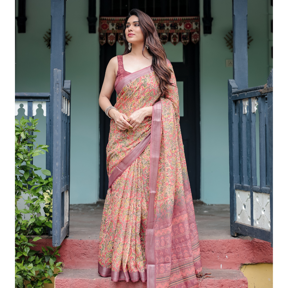 Women’s Handloom Linen Floral Printed Saree with Tassels & Attached BP (Pack of 1)