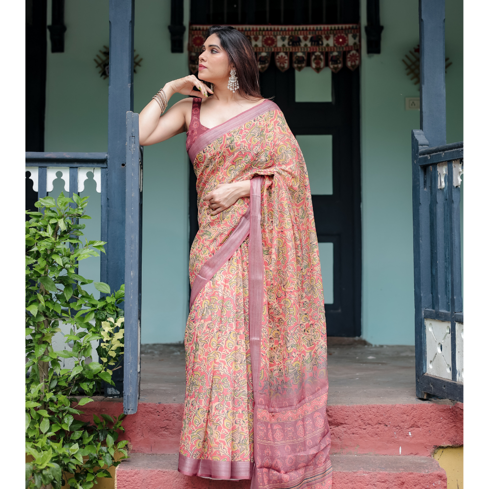 Women’s Handloom Linen Floral Printed Saree with Tassels & Attached BP (Pack of 1)