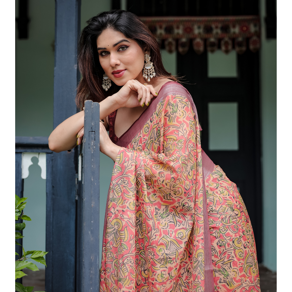 Women’s Handloom Linen Floral Printed Saree with Tassels & Attached BP (Pack of 1)
