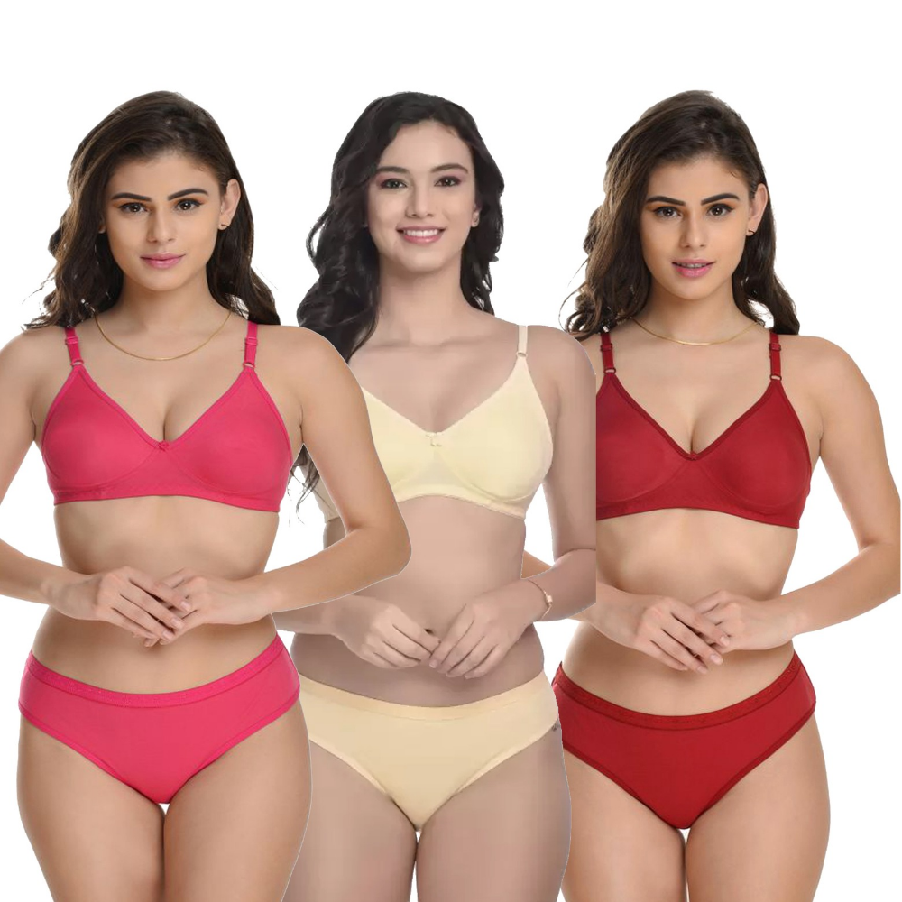 Akakee Multicolour Seamless Citton Bra-Panty Set For Women's (Pack of 3)