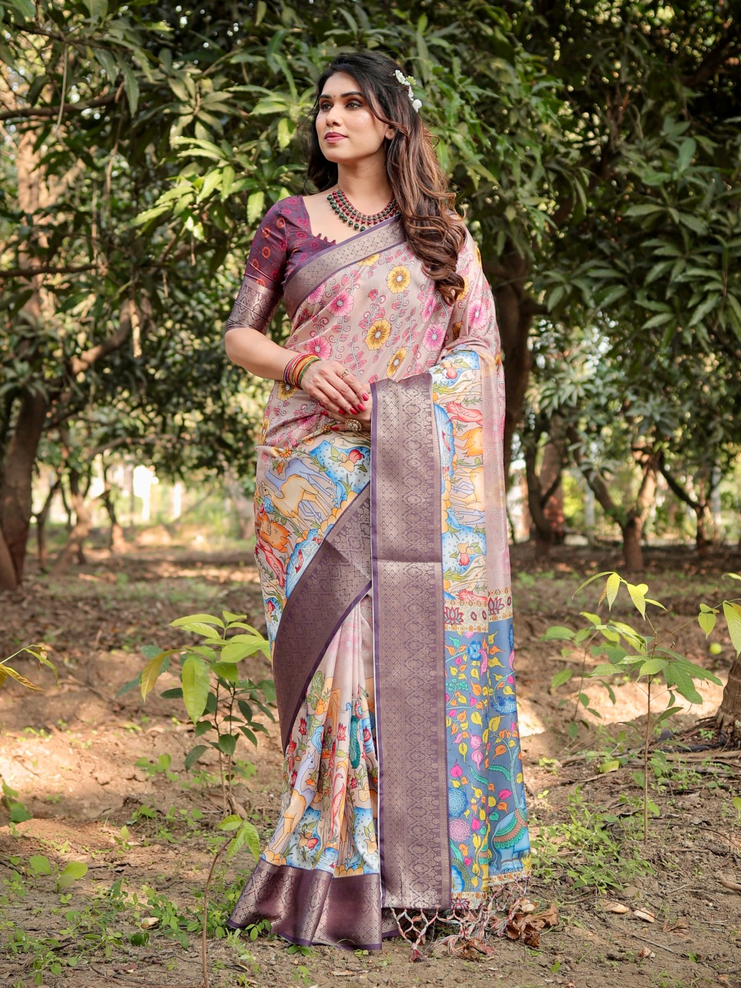 Women’s Pure Tussar Silk Saree | Digital Floral Print with Tassels & Blouse Piece (Pack of 1)
