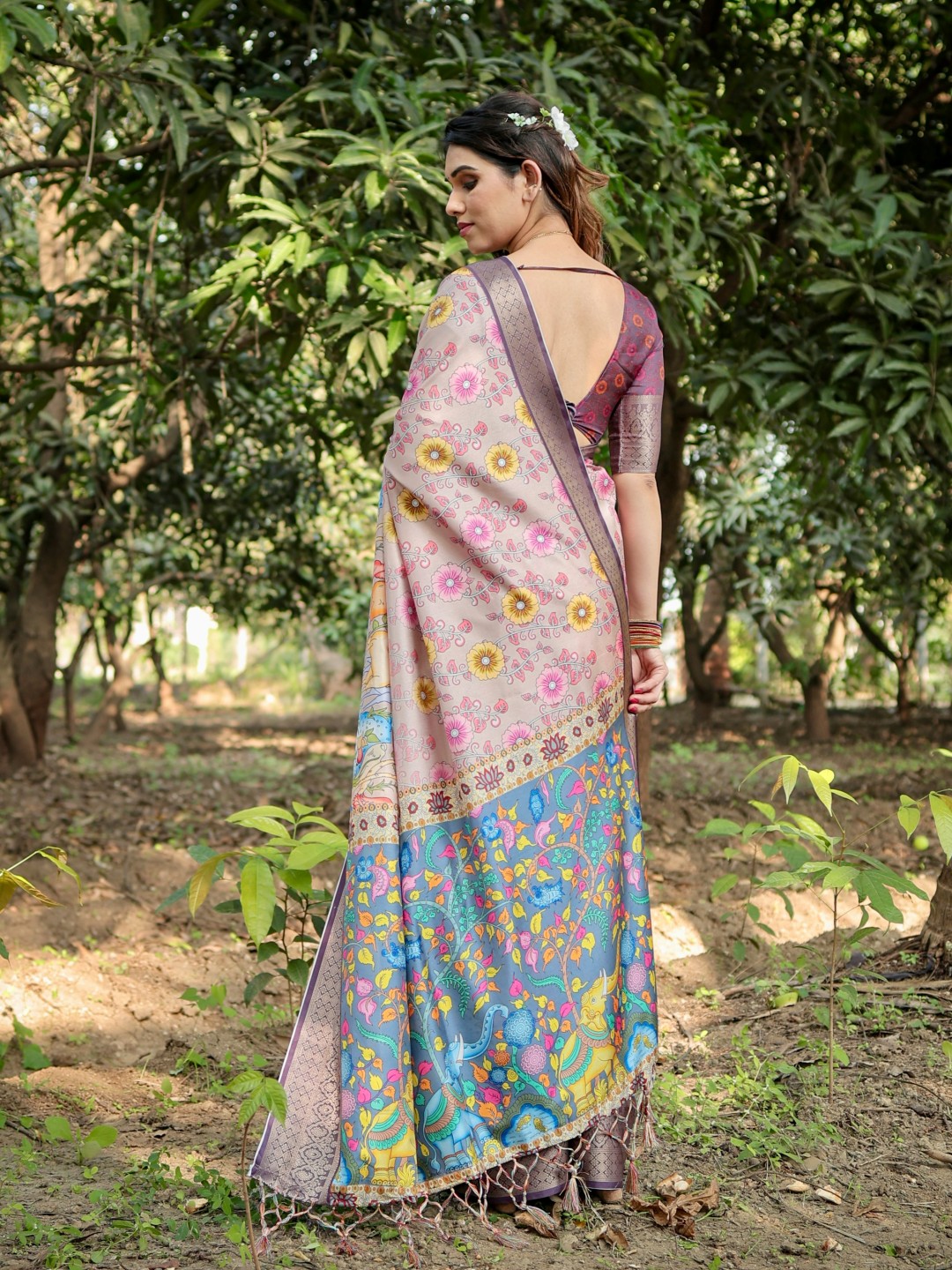 Women’s Pure Tussar Silk Saree | Digital Floral Print with Tassels & Blouse Piece (Pack of 1)