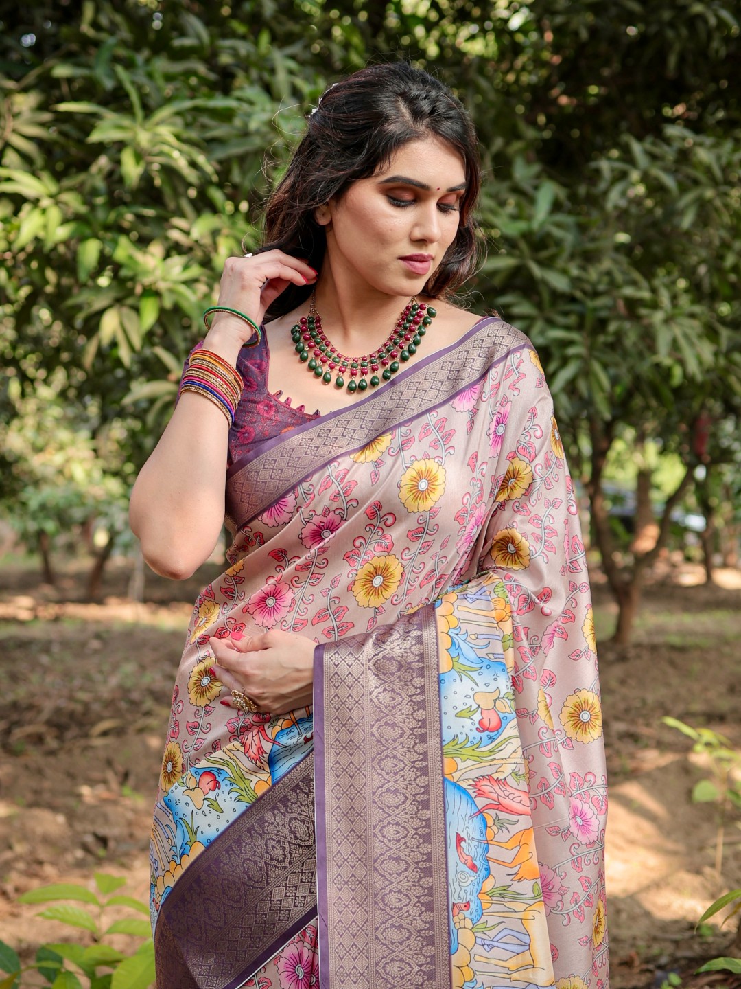 Women’s Pure Tussar Silk Saree | Digital Floral Print with Tassels & Blouse Piece (Pack of 1)