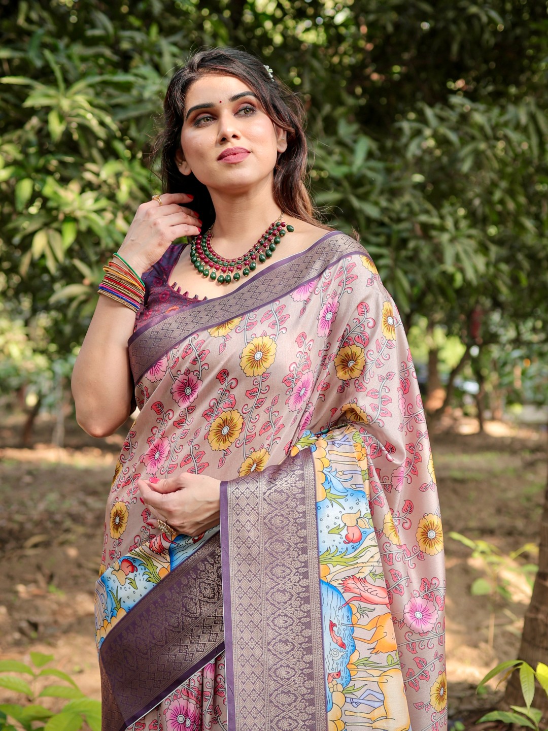 Women’s Pure Tussar Silk Saree | Digital Floral Print with Tassels & Blouse Piece (Pack of 1)