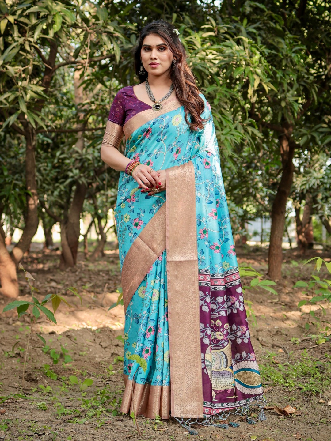 Women’s Pure Tussar Silk Saree | Digital Floral Print with Tassels & Blouse Piece (Pack of 1)